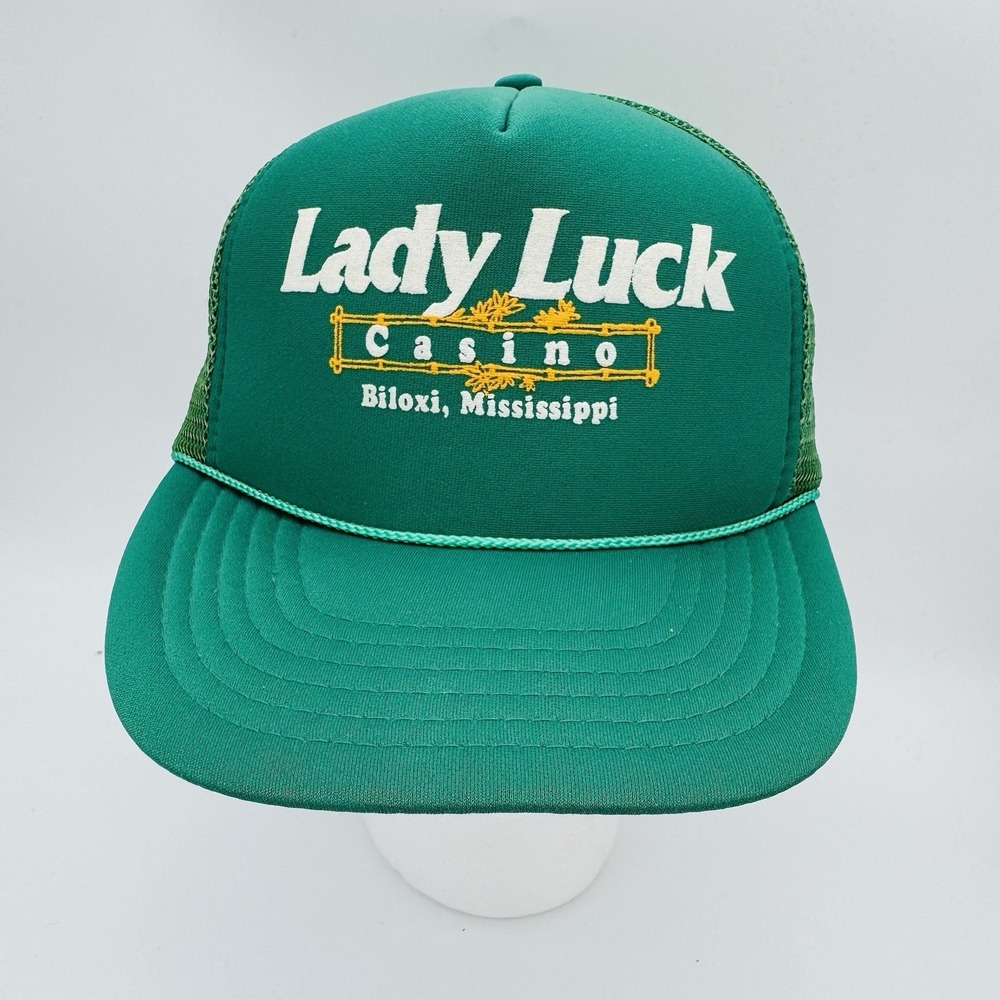 VTG Lady Luck Casino Hat Biloxi MS Green Rope Front Trucker Mesh Back Foam